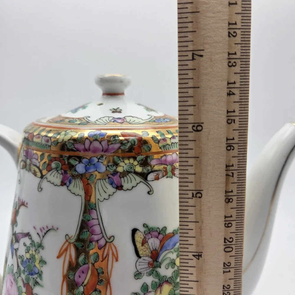 Vintage Cantonese Famille Rose Medallion Porcelain Tea Set Peonies Butterflies